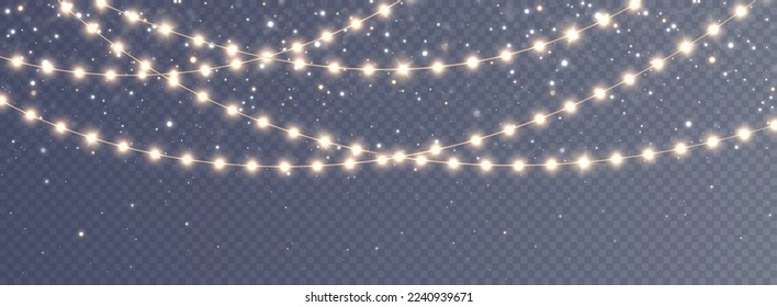 Festive Christmas light gold garlands PNG. Decor element for postcards, invitations, backgrounds, business cards. Winter new collection 2023. Christmas background. Powder dust light PNG.