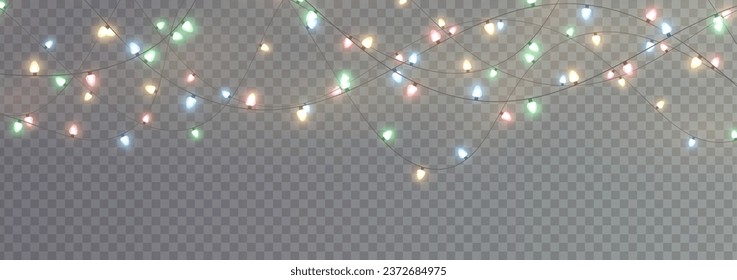 Festive Christmas light gold garlands PNG. Decor element for postcards, invitations, backgrounds, business cards. Winter garland new collection 2023-2024.	
