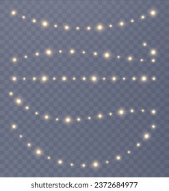Festive Christmas light gold garlands PNG. Decor element for postcards, invitations, backgrounds, business cards. Winter garland new collection 2023-2024.	
