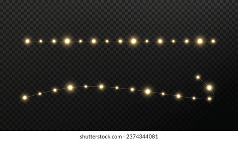 Festive Christmas light gold garlands PNG. Decor element for postcards, invitations, backgrounds, business cards. Winter new collection 2023.	
