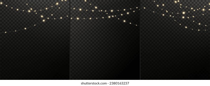 Festive Christmas light gold garlands. Vector png. Decor element for postcards, invitations, backgrounds, business cards. Winter new collection 2023-2024.