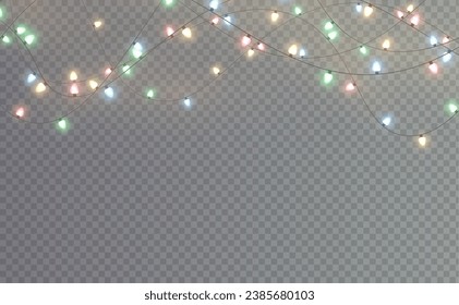 Festive Christmas light gold garlands PNG. Decor element for postcards, invitations, backgrounds, business cards. Winter new collection 2023.