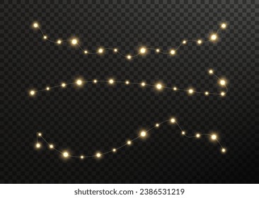 Festive Christmas light gold garlands. Vector png. Decor element for postcards, invitations, backgrounds, business cards. Winter new collection 2023-2024.	
