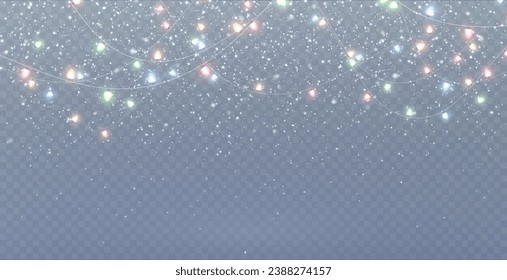  Festive Christmas light gold garlands PNG. Decor element for postcards, invitations, backgrounds, business cards. Winter background new collection 2023-2024.