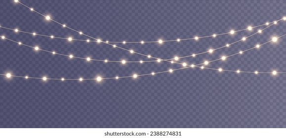 Festive Christmas light gold garlands PNG. Decor element for postcards, invitations, backgrounds, business cards. Winter new collection 2023.