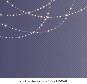 Festive Christmas light gold garlands PNG. Decor element for postcards, invitations, backgrounds, business cards. Winter new collection 2023-24.
