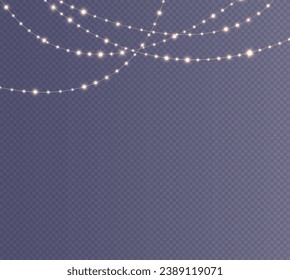 Festive Christmas light gold garlands PNG. Decor element for postcards, invitations, backgrounds, business cards. Winter new collection 2023-24.