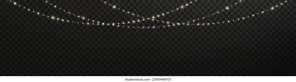 Festive Christmas light gold garlands. Vector png. Decor element for postcards, invitations, backgrounds, business cards. Winter new collection 2023-2024.