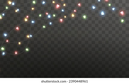Festive Christmas light gold garlands. Vector png. Decor element for postcards, invitations, backgrounds, business cards. Winter new collection 2023-2024.