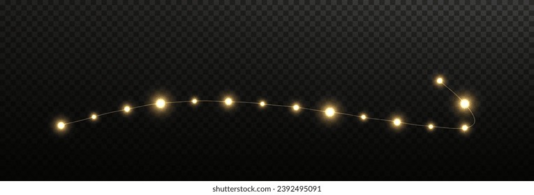 Festive Christmas light gold garlands png. Decor element for postcards, invitations, backgrounds transparent, business cards. Stock royalty free. Winter new collection 2024.