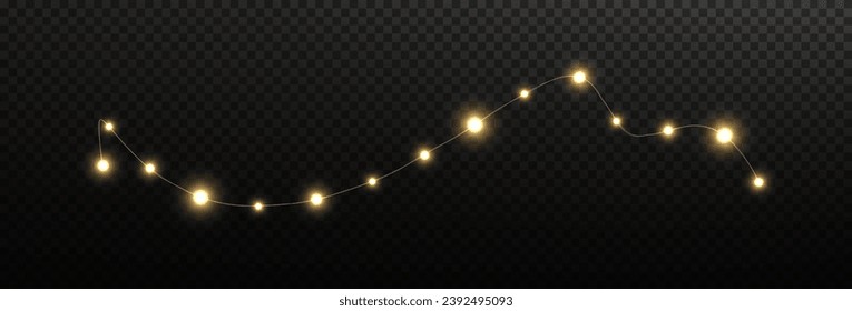 Festive Christmas light gold garlands png. Decor element for postcards, invitations, backgrounds transparent, business cards. Stock royalty free. Winter new collection 2024.