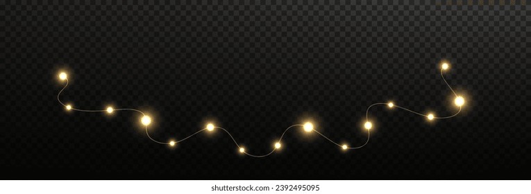 Festive Christmas light gold garlands png. Decor element for postcards, invitations, backgrounds transparent, business cards. Stock royalty free. Winter new collection 2024.