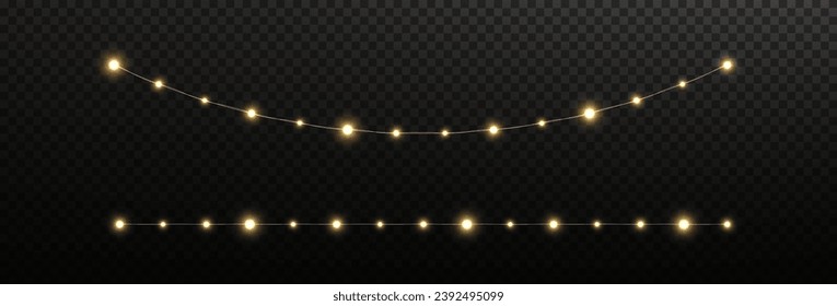 Festive Christmas light gold garlands png. Decor element for postcards, invitations, backgrounds transparent, business cards. Stock royalty free. Winter new collection 2024.