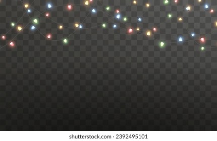 Festive Christmas light gold garlands png. Decor element for postcards, invitations, backgrounds transparent, business cards. Stock royalty free. Winter new collection 2024.