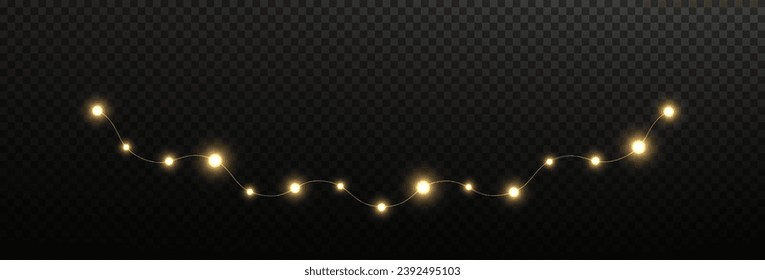 Festive Christmas light gold garlands png. Decor element for postcards, invitations, backgrounds transparent, business cards. Stock royalty free. Winter new collection 2024.