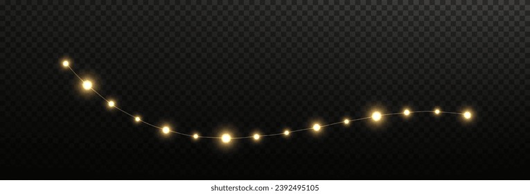 Festive Christmas light gold garlands png. Decor element for postcards, invitations, backgrounds transparent, business cards. Stock royalty free. Winter new collection 2024.