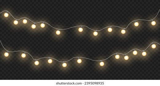 Festive Christmas light gold garlands. Vector png. Decor element for postcards, invitations, backgrounds, business cards. Winter new collection 2023-2024.