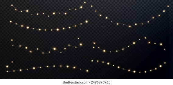 Festive Christmas light gold garlands png. Decor element for postcards, invitations, backgrounds transparent, business cards. Stock royalty free. Winter new collection 2024.	
