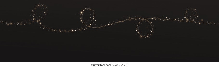 Festive Christmas light gold garlands png. Decor element for postcards, invitations. Light golden Twirl. Curve light effect of golden line. Stock royalty free. Winter new collection 2024 2025.