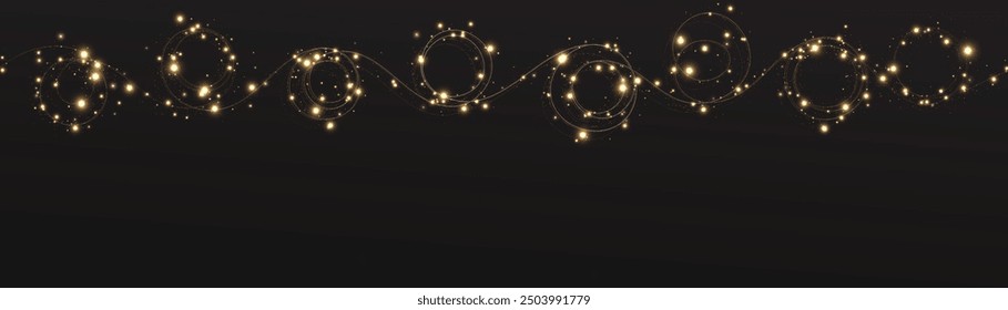 Festive Christmas light gold garlands png. Decor element for postcards, invitations. Light golden Twirl. Curve light effect of golden line. Stock royalty free. Winter new collection 2024 2025.