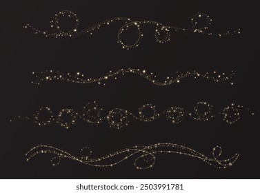 Festive Christmas light gold garlands png. Decor element for postcards, invitations. Light golden Twirl. Curve light effect of golden line. Stock royalty free. Winter new collection 2024 2025.