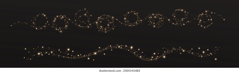 Festive Christmas light gold garlands png. Decor element for postcards, invitations. Light golden Twirl. Curve light effect of golden line. Stock royalty free. Winter new collection 2024.