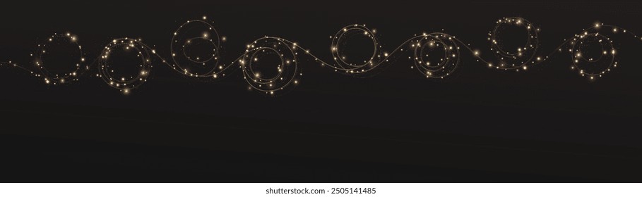 Festive Christmas light gold garlands png. Decor element for postcards, invitations. Light golden Twirl. Curve light effect of golden line. Stock royalty free. Winter new collection 2024.