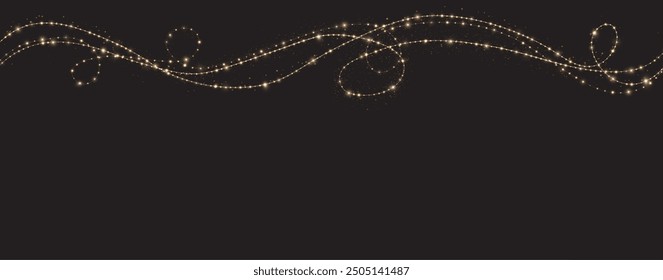 Festive Christmas light gold garlands png. Decor element for postcards, invitations. Light golden Twirl. Curve light effect of golden line. Stock royalty free. Winter new collection 2024.