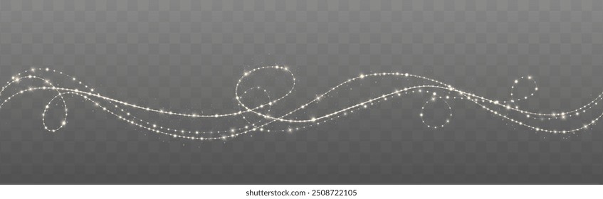 Festive Christmas light gold garlands png. Decor element for postcards, invitations. Light golden Twirl. Curve light effect of golden line. Stock royalty free. Winter new collection 2024.