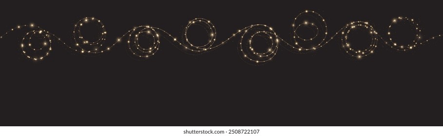 Festive Christmas light gold garlands png. Decor element for postcards, invitations. Light golden Twirl. Curve light effect of golden line. Stock royalty free. Winter new collection 2024.