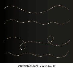 Festive Christmas light gold garlands png. Decor element for postcards, invitations, backgrounds transparent, business cards. Stock royalty free. Winter new collection 2024.	
