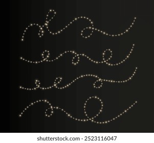 Festive Christmas light gold garlands png. Decor element for postcards, invitations, backgrounds transparent, business cards. Stock royalty free. Winter new collection 2024.	
