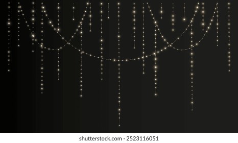 Festive Christmas light gold garlands png. Decor element for postcards, invitations, backgrounds transparent, business cards. Stock royalty free. Winter new collection 2024.	
