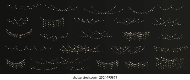 Festive Christmas light gold garlands png. Decor element for postcards, invitations, backgrounds transparent, business cards. Stock royalty free. Winter new collection 2024.