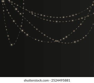 Festive Christmas light gold garlands png. Decor element for postcards, invitations, backgrounds transparent, business cards. Stock royalty free. Winter new collection 2024.