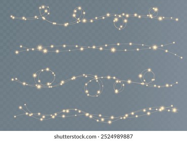 Festive Christmas light gold garlands png. Decor element for postcards, invitations, backgrounds transparent, business cards. Stock royalty free. Winter new collection 2024.

