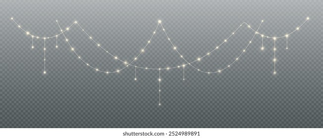 Festive Christmas light gold garlands png. Decor element for postcards, invitations, backgrounds transparent, business cards. Stock royalty free. Winter new collection 2024.

