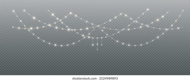 Festive Christmas light gold garlands png. Decor element for postcards, invitations, backgrounds transparent, business cards. Stock royalty free. Winter new collection 2024.

