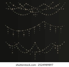 Festive Christmas light gold garlands png. Decor element for postcards, invitations, backgrounds transparent, business cards. Stock royalty free. Winter new collection 2024.

