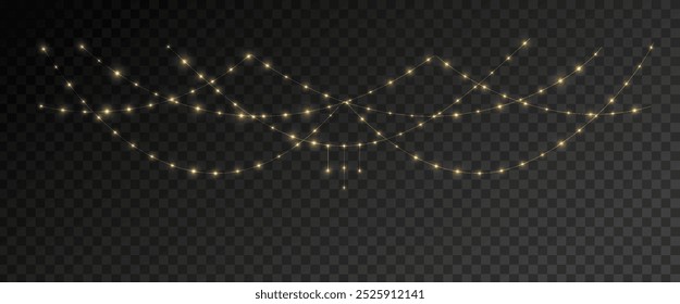 Festive Christmas light gold garlands png. Decor element for postcards, invitations, backgrounds transparent, business cards. Stock royalty free. Winter new collection 2024.