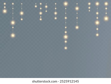 Festive Christmas light gold garlands png. Decor element for postcards, invitations, backgrounds transparent, business cards. Stock royalty free. Winter new collection 2024.