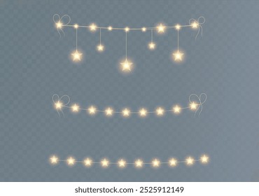 Festive Christmas light gold garlands png. Decor element for postcards, invitations, backgrounds transparent, business cards. Stock royalty free. Winter new collection 2024.