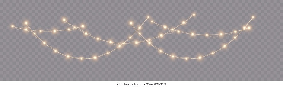 Festive Christmas light gold garlands. Festive chain of bulbs. Winter new collection 2025.  For advertising invitations, web banners, postcards. Vector. Holidays decoration. Transparent background.