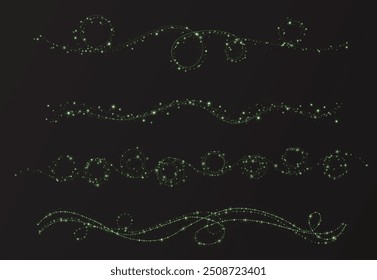 Festive Christmas light green garlands png. Decor element for postcards, invitations. Light green Twirl. Curve light effect of green line. Stock royalty free. Winter new collection 2024.