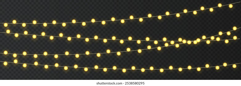 Festive Christmas light. Lightbulb glowing garland string. Xmas, New Year party led lamps, Christmas decoration. Winter holiday season golden chain of fairy light. Vector design element.