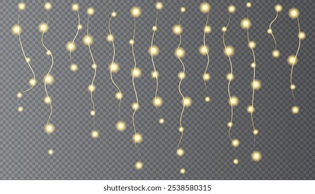 Festive Christmas light. Lightbulb glowing garland string. Xmas, New Year party led lamps, Christmas decoration. Winter holiday season golden chain of fairy light. Vector design element.