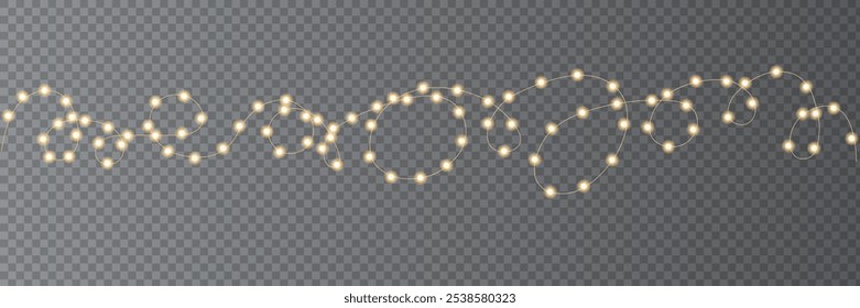 Festive Christmas light. Lightbulb glowing garland string. Xmas, New Year party led lamps, Christmas decoration. Winter holiday season golden chain of fairy light. Vector design element.