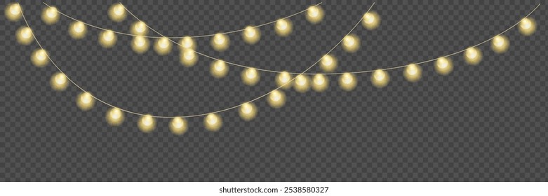 Festive Christmas light. Lightbulb glowing garland string. Xmas, New Year party led lamps, Christmas decoration. Winter holiday season golden chain of fairy light. Vector design element.