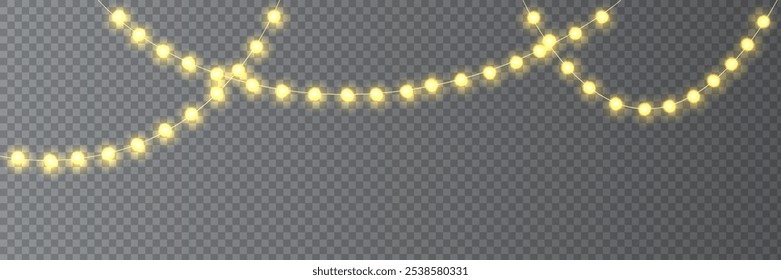 Festive Christmas light. Lightbulb glowing garland string. Xmas, New Year party led lamps, Christmas decoration. Winter holiday season golden chain of fairy light. Vector design element.