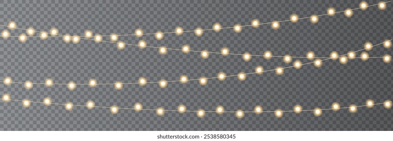 Las Navidades festivas son ligeras. Cadena de guirnalda brillante de bombilla. Navidad, lámparas led del partido del año Nuevo, decoración de la Navidad. Temporada de vacaciones de invierno cadena de oro de la luz de las hadas. Elemento de diseño de Vector.